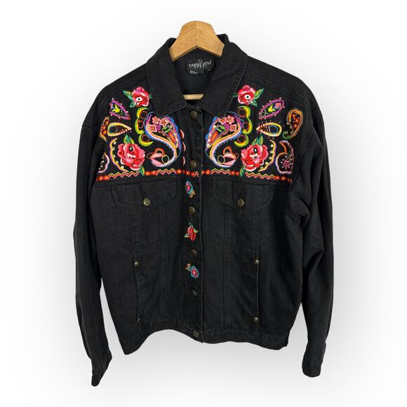 Carole Little Sport Women 4 Embroidered Beaded Oversized Denim Jacket Boho Artsy - Picture 1 of 10